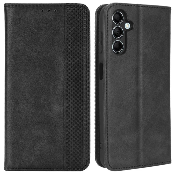 For Samsung Galaxy M14 5G Retro Phone Case PU Leather Phone Stand Wallet Protective Cover - Black - 1