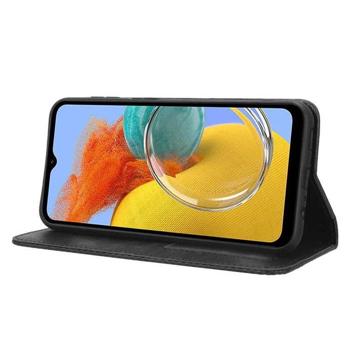 For Samsung Galaxy M14 5G Retro Phone Case PU Leather Phone Stand Wallet Protective Cover - Black - 3