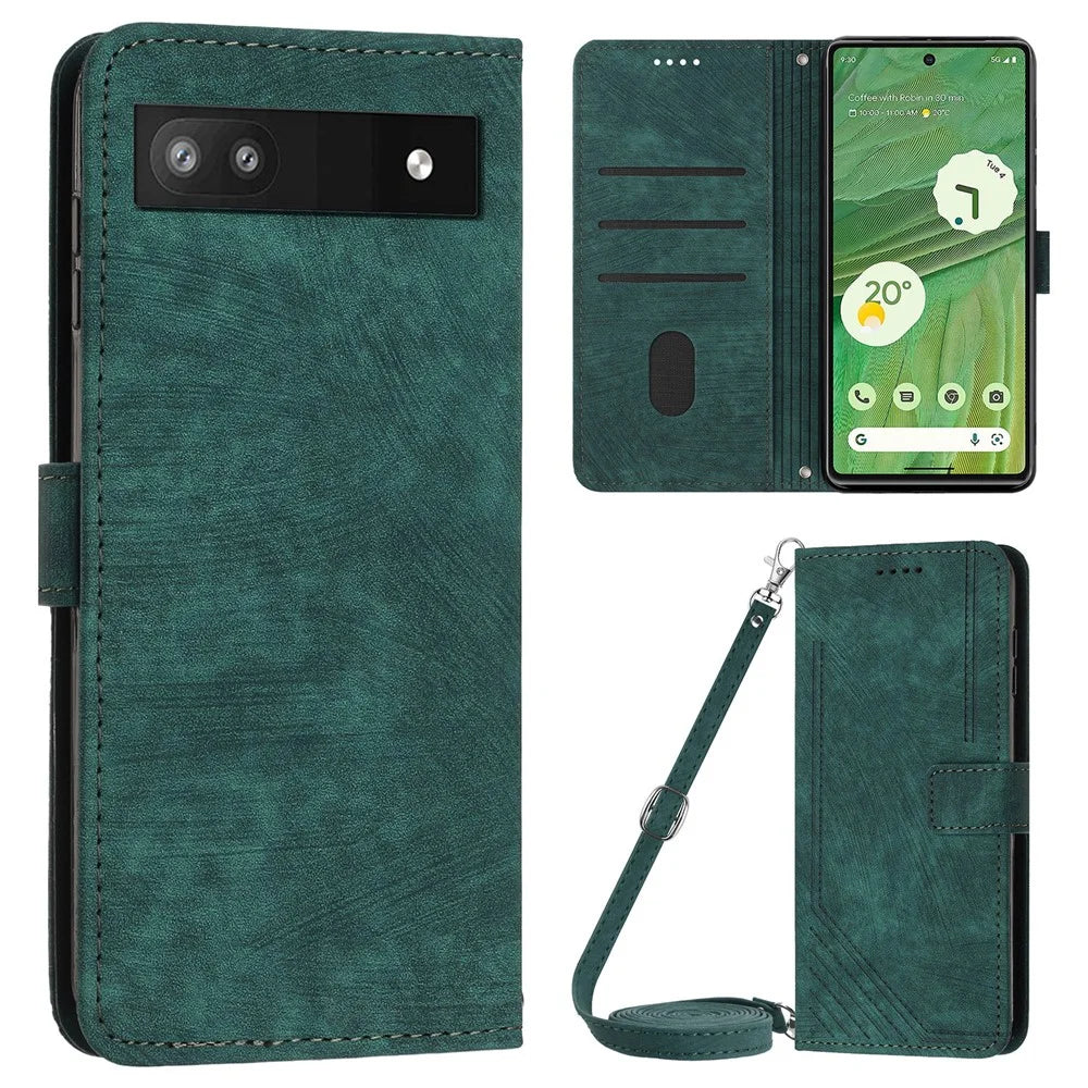 For Google Pixel 7a PU Leather Skin-touch Protective Cover Lines Imprint Wallet Stand Phone Case with 2 Straps - Green - 1