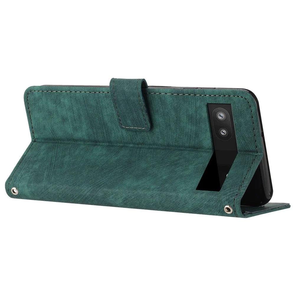 For Google Pixel 7a PU Leather Skin-touch Protective Cover Lines Imprint Wallet Stand Phone Case with 2 Straps - Green - 3