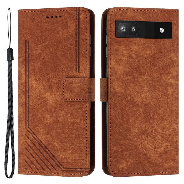 For Google Pixel 7a PU Leather Lines Imprinted Phone Case Wallet Stand Magnetic Flip Cover - Brown - 1