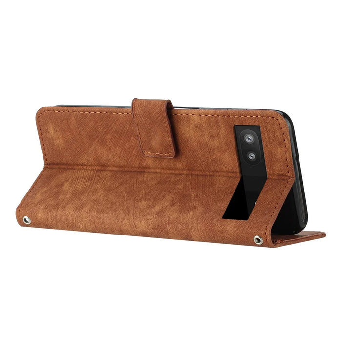 For Google Pixel 7a PU Leather Lines Imprinted Phone Case Wallet Stand Magnetic Flip Cover - Brown - 3