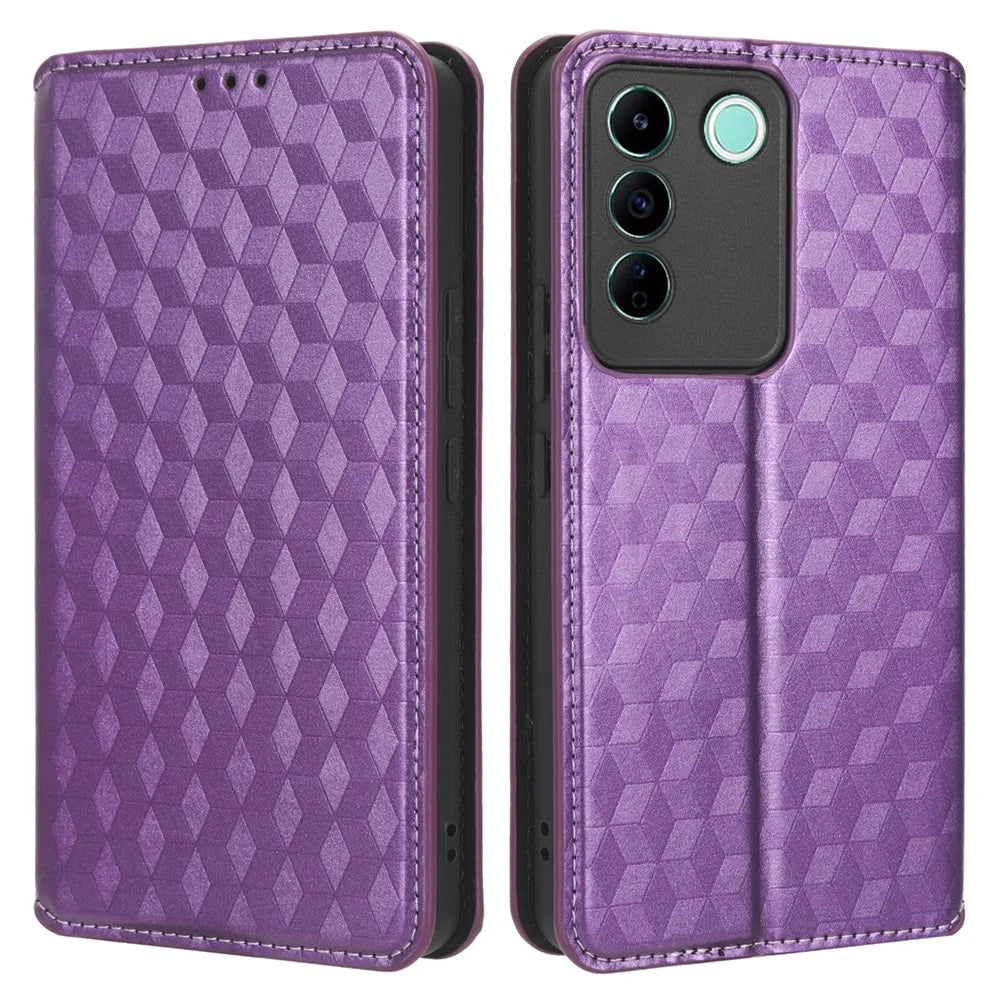 For vivo S16e 5G / V27e 4G PU Leather Phone Case Rhombus Pattern Imprinted Stand Wallet Flip Cover - Purple - 1