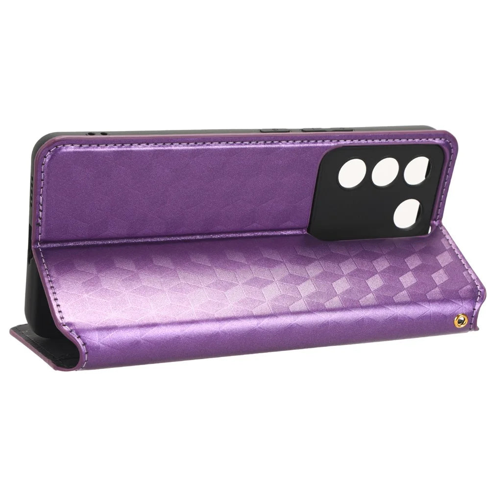 For vivo S16e 5G / V27e 4G PU Leather Phone Case Rhombus Pattern Imprinted Stand Wallet Flip Cover - Purple - 3