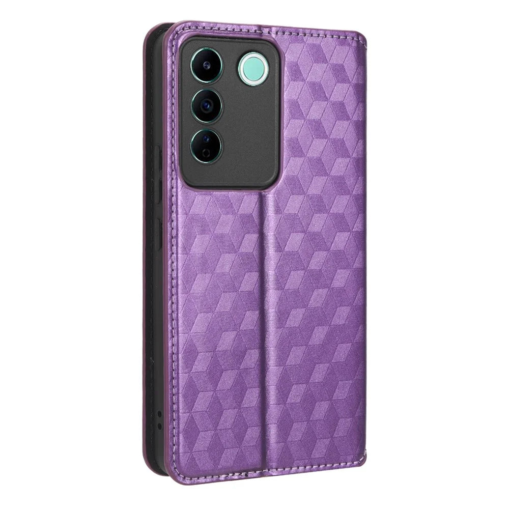 For vivo S16e 5G / V27e 4G PU Leather Phone Case Rhombus Pattern Imprinted Stand Wallet Flip Cover - Purple - 7