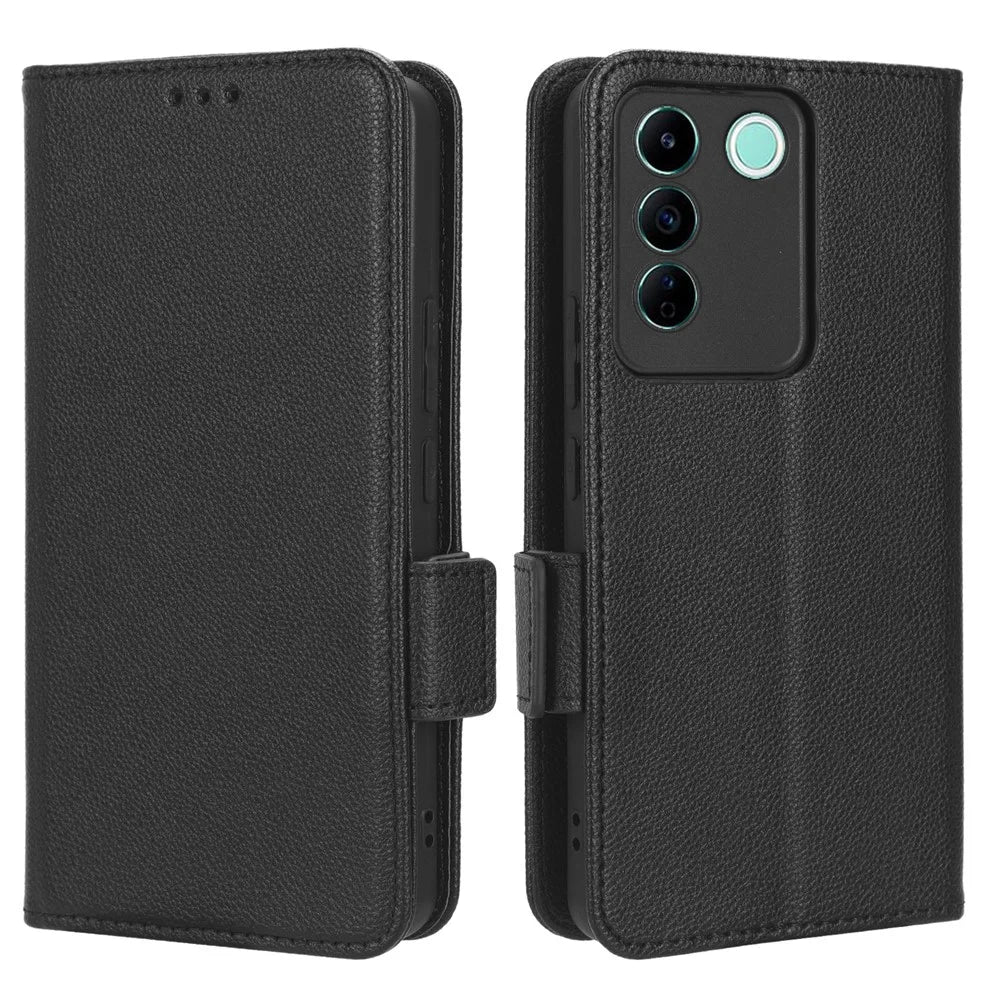 For vivo S16e 5G / V27e 4G Wallet Flip Case PU Leather Litchi Texture Stand Phone Cover with Strap - Black - 1