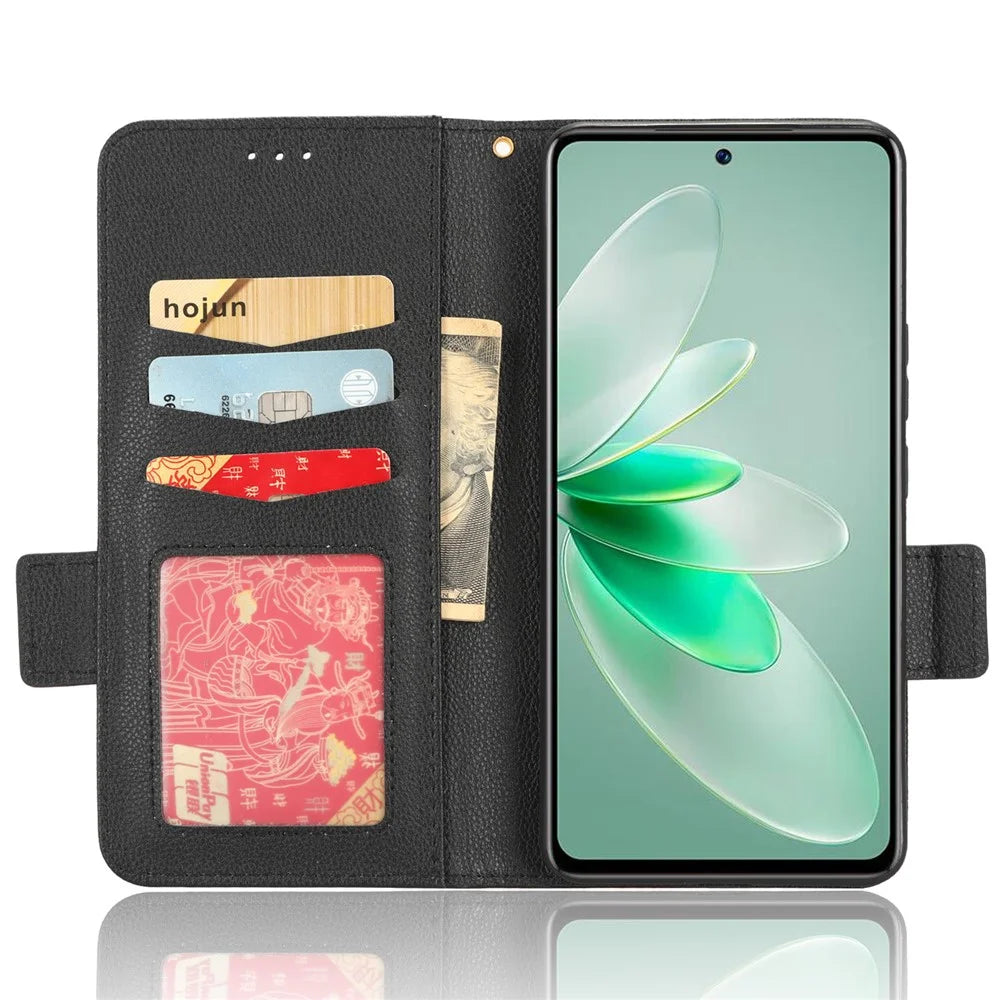 For vivo S16e 5G / V27e 4G Wallet Flip Case PU Leather Litchi Texture Stand Phone Cover with Strap - Black - 2