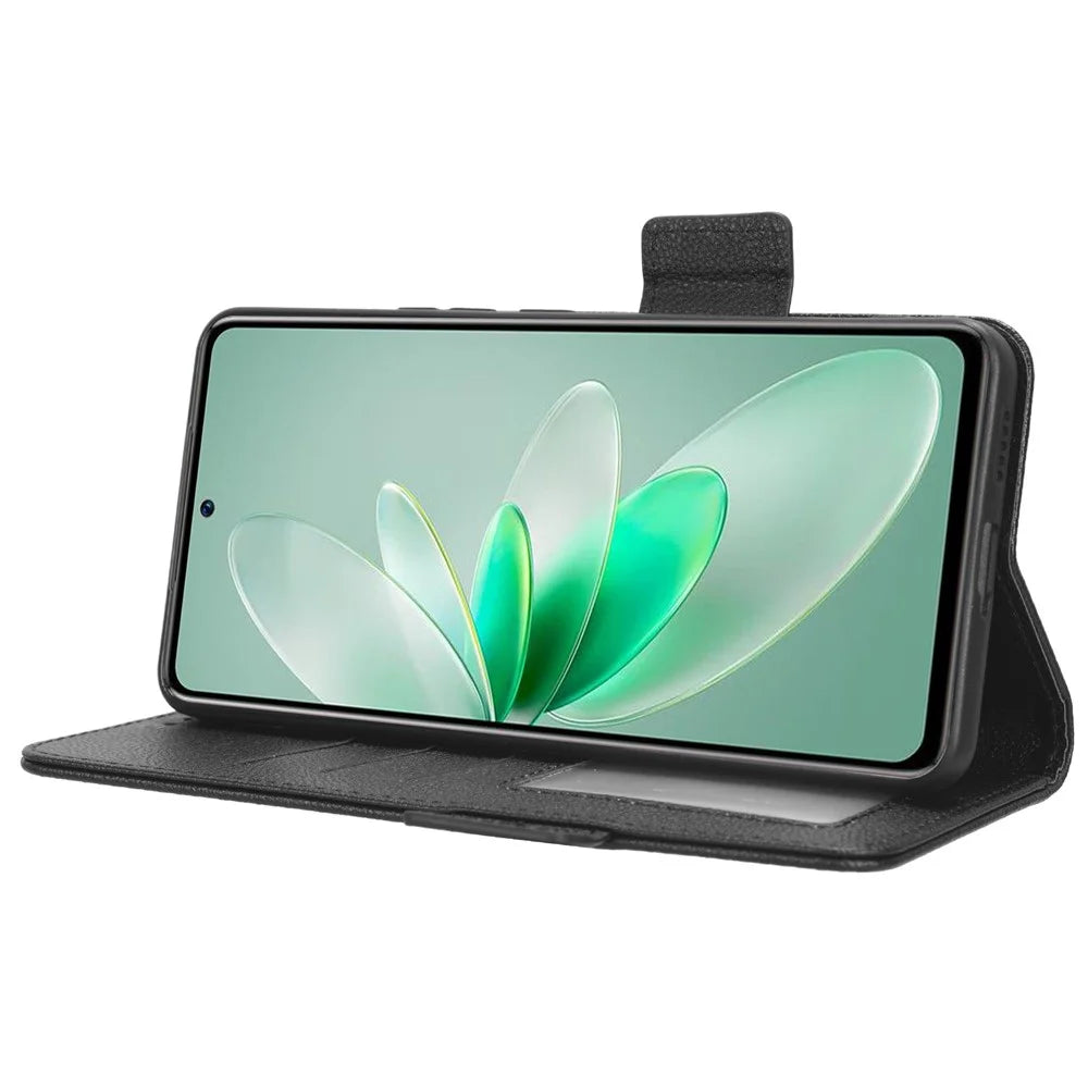 For vivo S16e 5G / V27e 4G Wallet Flip Case PU Leather Litchi Texture Stand Phone Cover with Strap - Black - 3