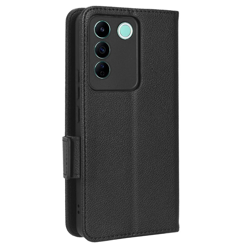 For vivo S16e 5G / V27e 4G Wallet Flip Case PU Leather Litchi Texture Stand Phone Cover with Strap - Black - 7