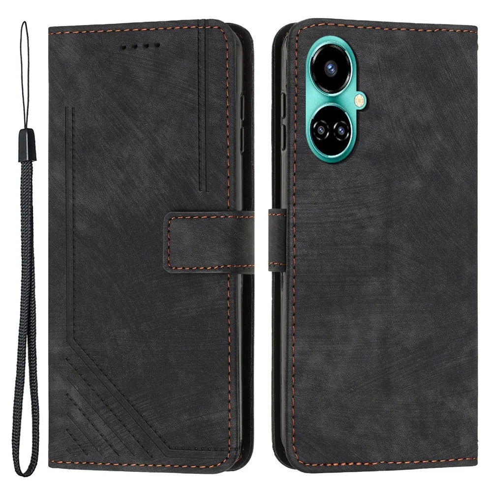 For TECNO Camon 19 4G / 19 Pro 4G / 19 Pro 5G Leather Phone Cover Stand Skin-Touch Lines Imprinted Wallet Case - Black - 1