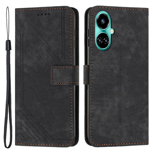 For TECNO Camon 19 4G / 19 Pro 4G / 19 Pro 5G Leather Phone Cover Stand Skin-Touch Lines Imprinted Wallet Case - Black - 1