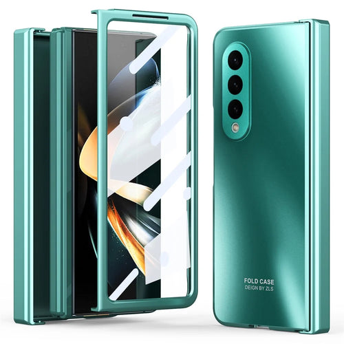 For Samsung Galaxy Z Fold3 5G Hinge Protection Slim Case Hard PC Protective Phone Cover with Built-in Screen Protector - Green - 1