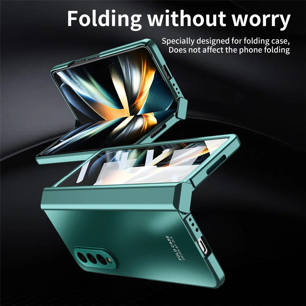 For Samsung Galaxy Z Fold3 5G Hinge Protection Slim Case Hard PC Protective Phone Cover with Built-in Screen Protector - Green - 7