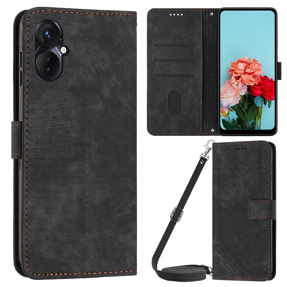 For TECNO Camon 19 Neo 4G PU Leather Phone Case Wallet Stand Lines Imprinted Flip Protective Cover - Black - 1