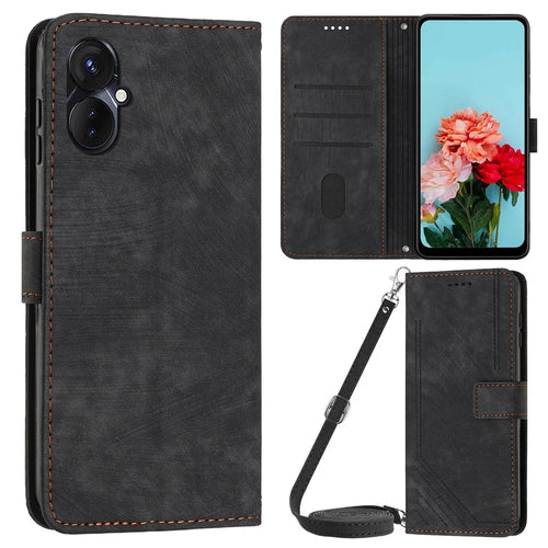 For TECNO Camon 19 Neo 4G PU Leather Phone Case Wallet Stand Lines Imprinted Flip Protective Cover - Black - 1