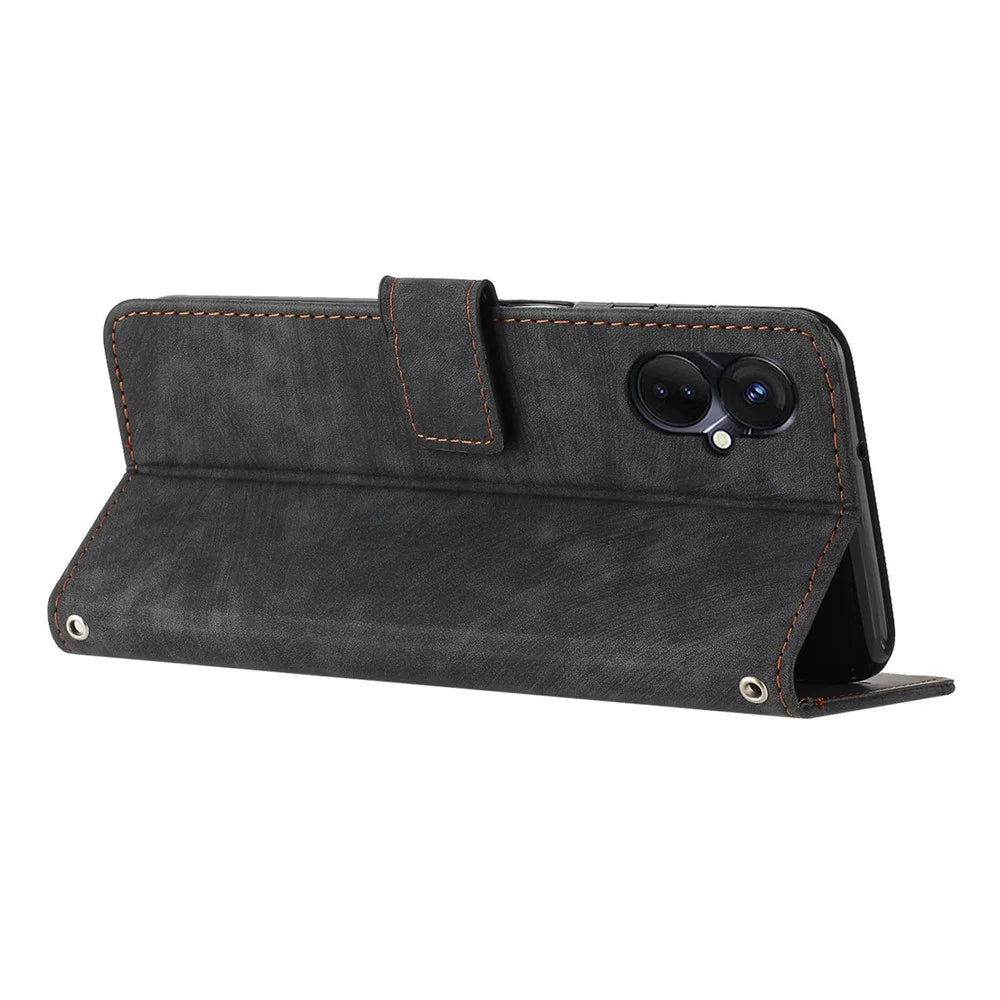 For TECNO Camon 19 Neo 4G PU Leather Phone Case Wallet Stand Lines Imprinted Flip Protective Cover - Black - 3