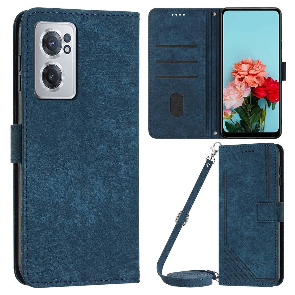 For OnePlus Nord CE 2 5G Imprinted Lines Stand Cell Phone Cover PU Leather Wallet Skin-touch Phone Case with Straps - Sapphire - 1