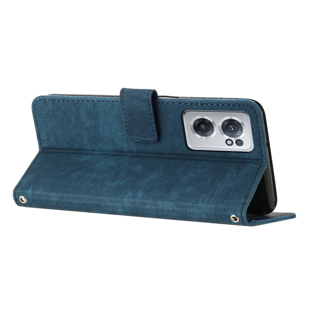 For OnePlus Nord CE 2 5G Imprinted Lines Stand Cell Phone Cover PU Leather Wallet Skin-touch Phone Case with Straps - Sapphire - 3