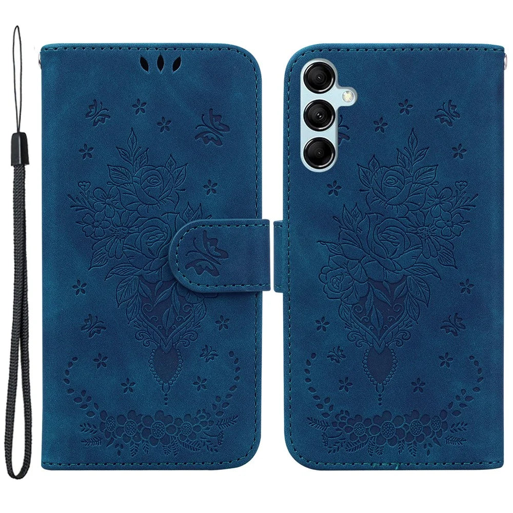 Leather Stand Wallet Phone Case for Samsung Galaxy M14 5G , Imprinted Rose Butterfly Phone Cover - Blue - 1