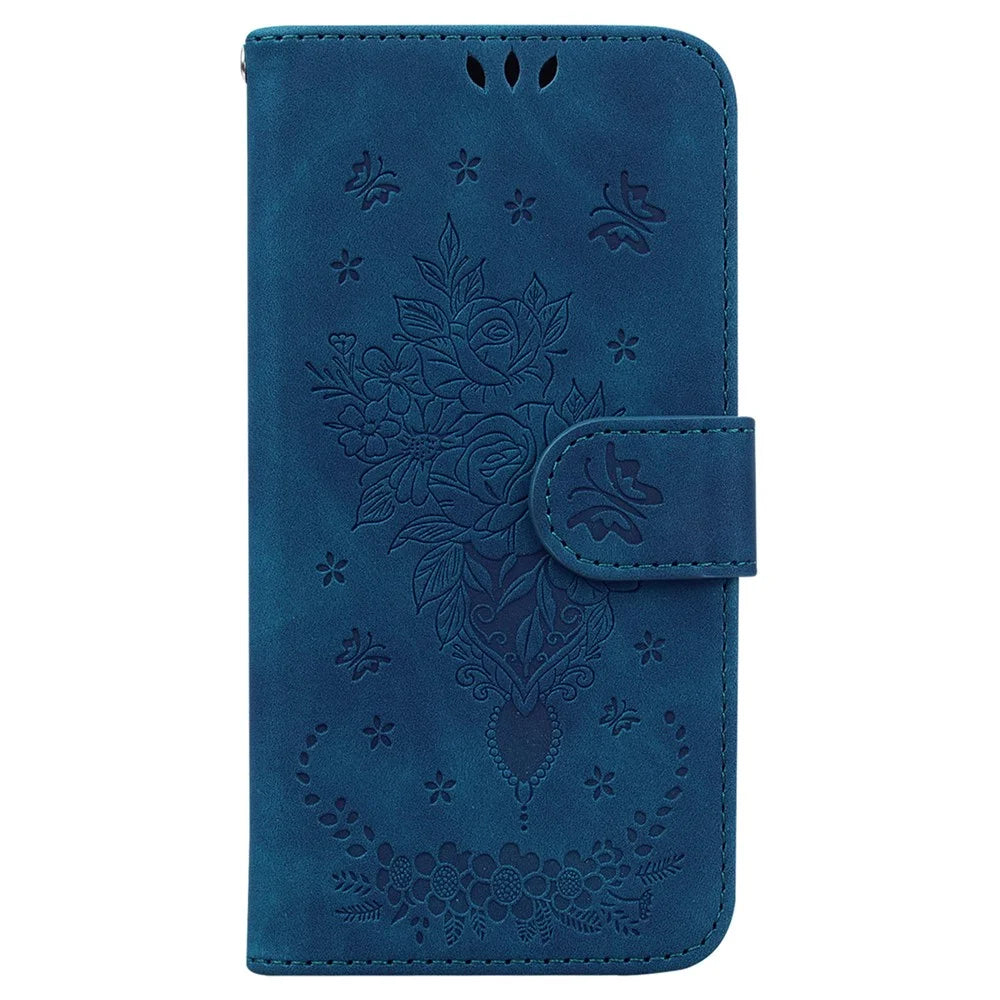 Leather Stand Wallet Phone Case for Samsung Galaxy M14 5G , Imprinted Rose Butterfly Phone Cover - Blue - 6