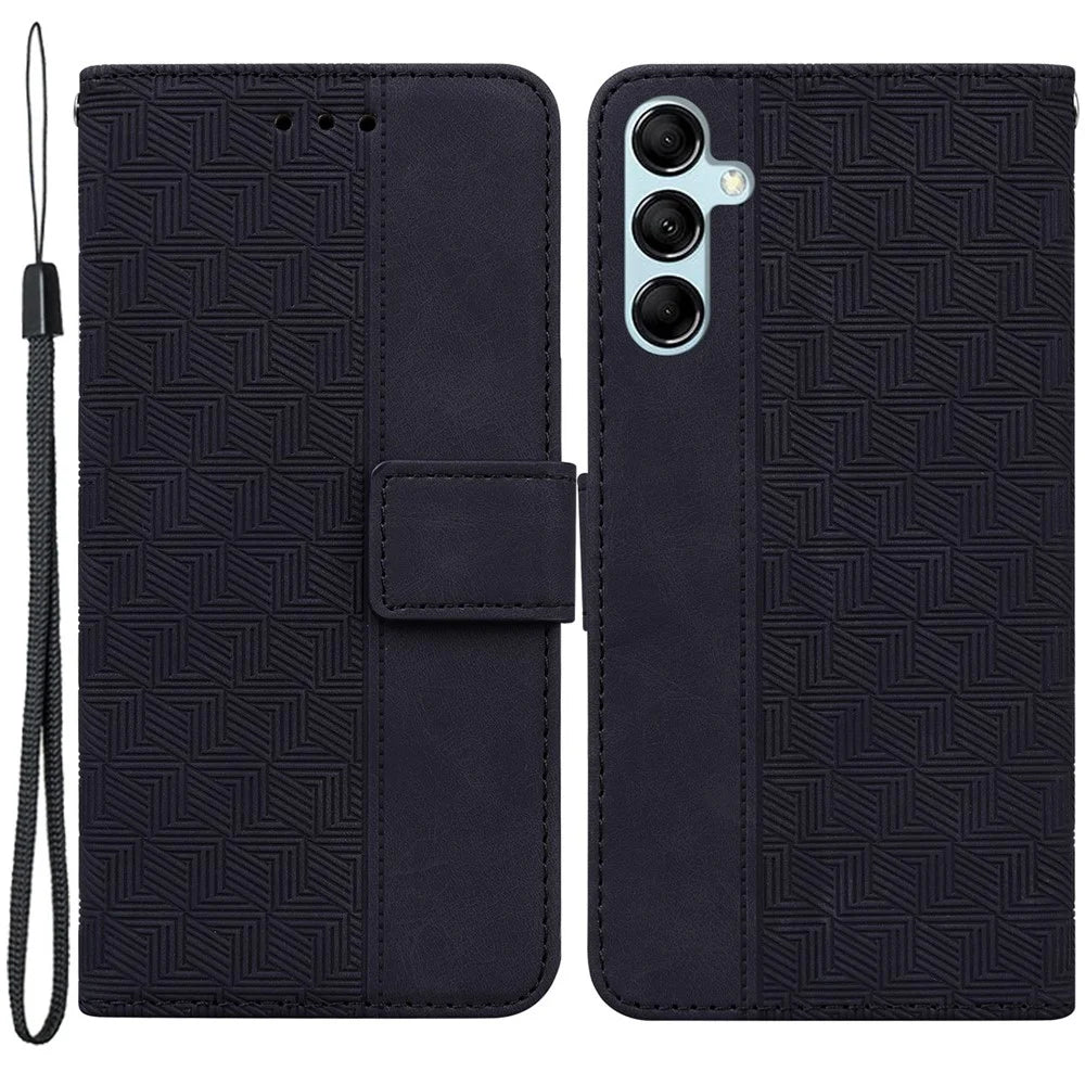 For Samsung Galaxy M14 5G Phone Case PU Leather Wallet Stand Geometry Pattern Imprinted Cover - Black - 1