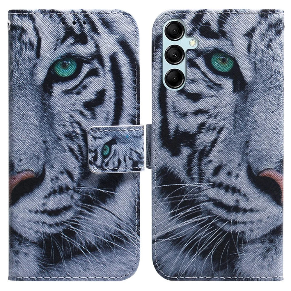 For Samsung Galaxy M14 5G Wallet Stand Pattern Printing Phone Case PU Leather Shockproof Cover Shell - Tiger Head - 1