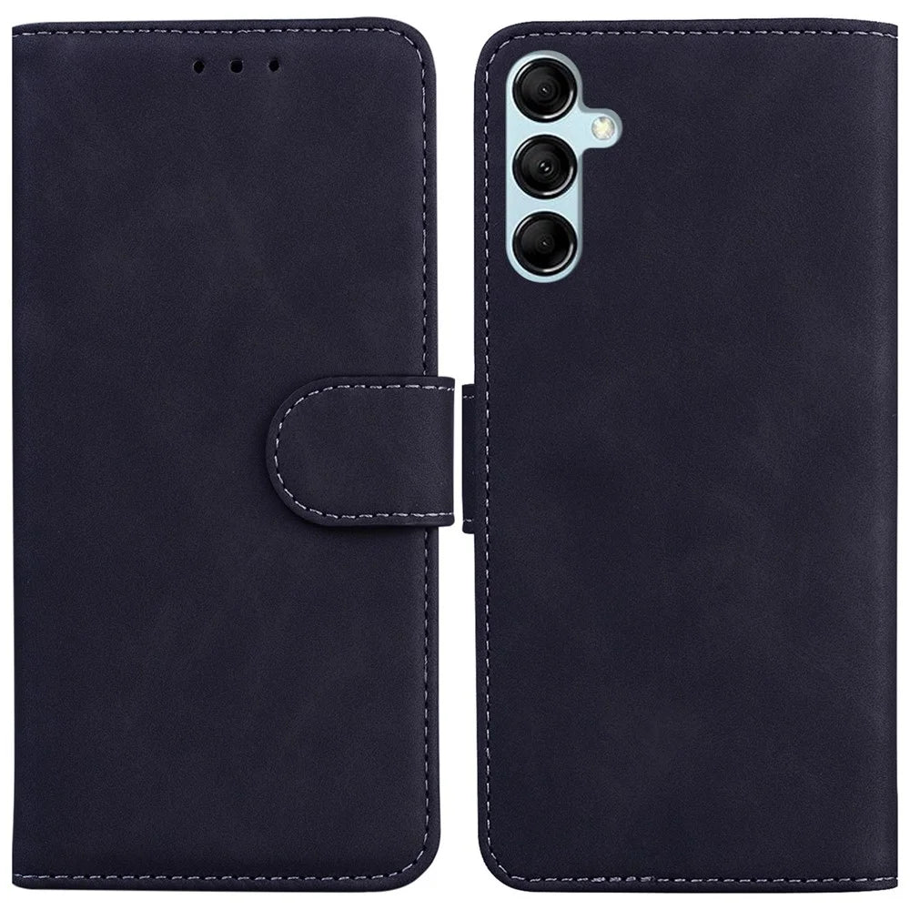 Solid Color Phone Case for Samsung Galaxy M14 5G Scratch Resistant PU Leather Wallet Stand Cover - Black - 1
