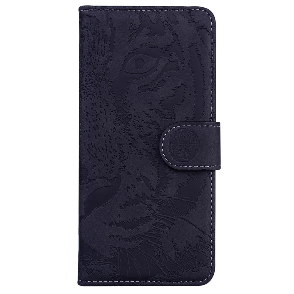 Tiger Imprinted Shell for Samsung Galaxy M14 5G Shockproof PU Leather Wallet Stand Case Phone Cover - Black - 6