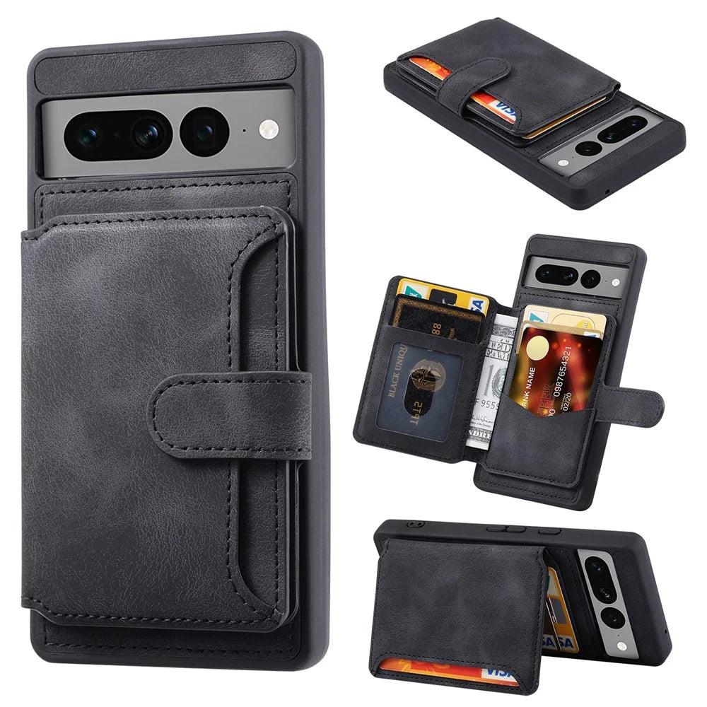 Shockproof RFID Blocking Case for Google Pixel 7 Pro 5G PU Leather TPU Phone Shell with Card Holder, Kickstand - Black - 1