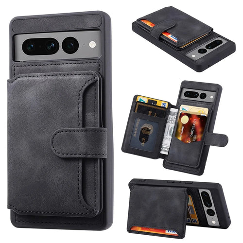 Shockproof RFID Blocking Case for Google Pixel 7 Pro 5G PU Leather TPU Phone Shell with Card Holder, Kickstand - Black - 1