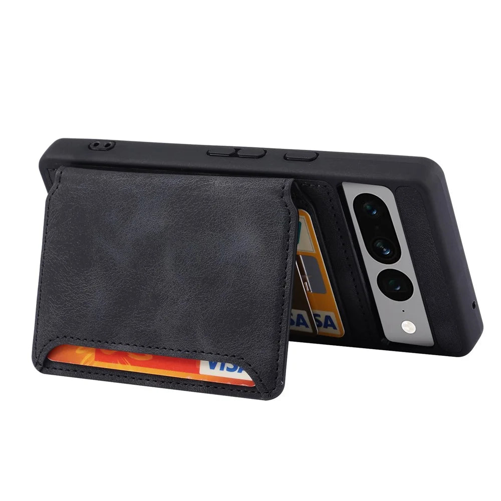 Shockproof RFID Blocking Case for Google Pixel 7 Pro 5G PU Leather TPU Phone Shell with Card Holder, Kickstand - Black - 3
