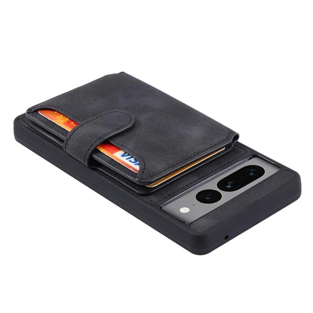 Shockproof RFID Blocking Case for Google Pixel 7 Pro 5G PU Leather TPU Phone Shell with Card Holder, Kickstand - Black - 4