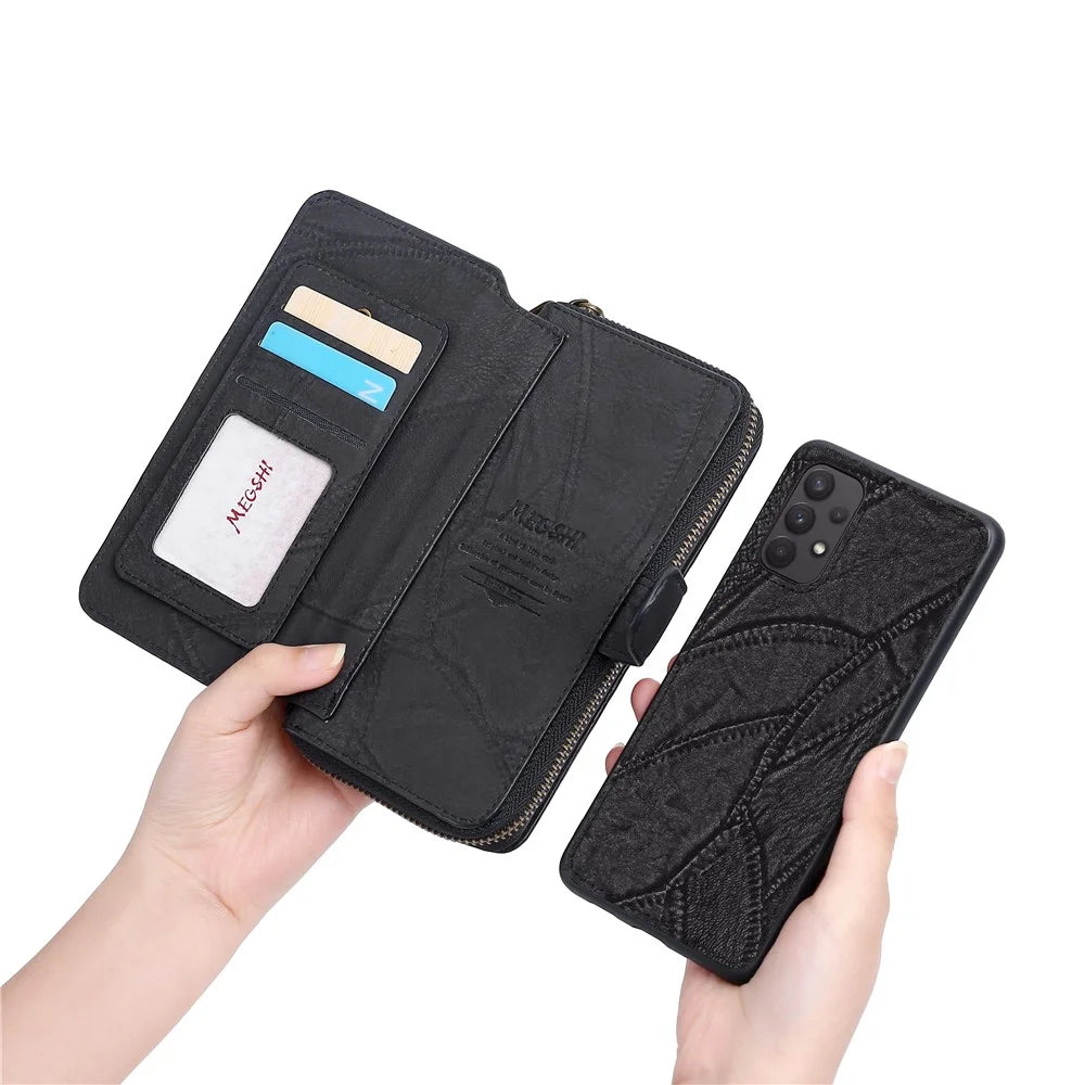 MEGSHI 004 Series Wallet Case for Samsung Galaxy A52 4G / 5G / A52s 5G , PU Leather Zipper Detachable Stand Phone Cover - Black - 2