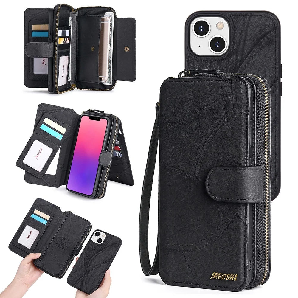 MEGSHI 004 Series Detachable Zipper Wallet Leather Case for iPhone 14 Anti-drop Stand Phone Cover - Black - 1