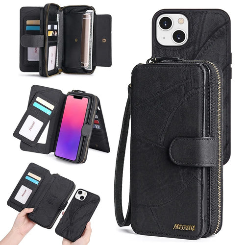 MEGSHI 004 Series Detachable Zipper Wallet Leather Case for iPhone 14 Anti-drop Stand Phone Cover - Black - 1
