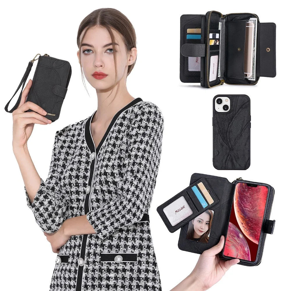 MEGSHI 004 Series Detachable Zipper Wallet Leather Case for iPhone 14 Anti-drop Stand Phone Cover - Black - 2