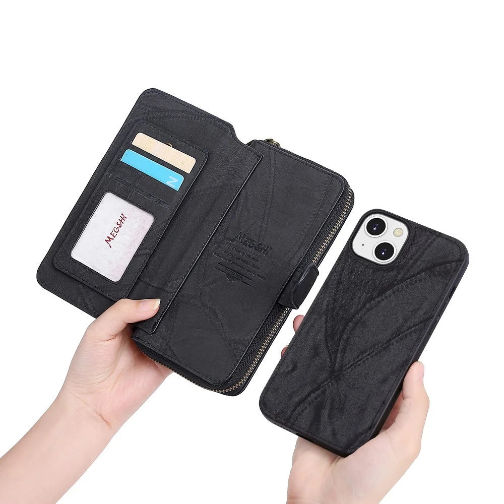 MEGSHI 004 Series Detachable Zipper Wallet Leather Case for iPhone 14 Anti-drop Stand Phone Cover - Black - 3