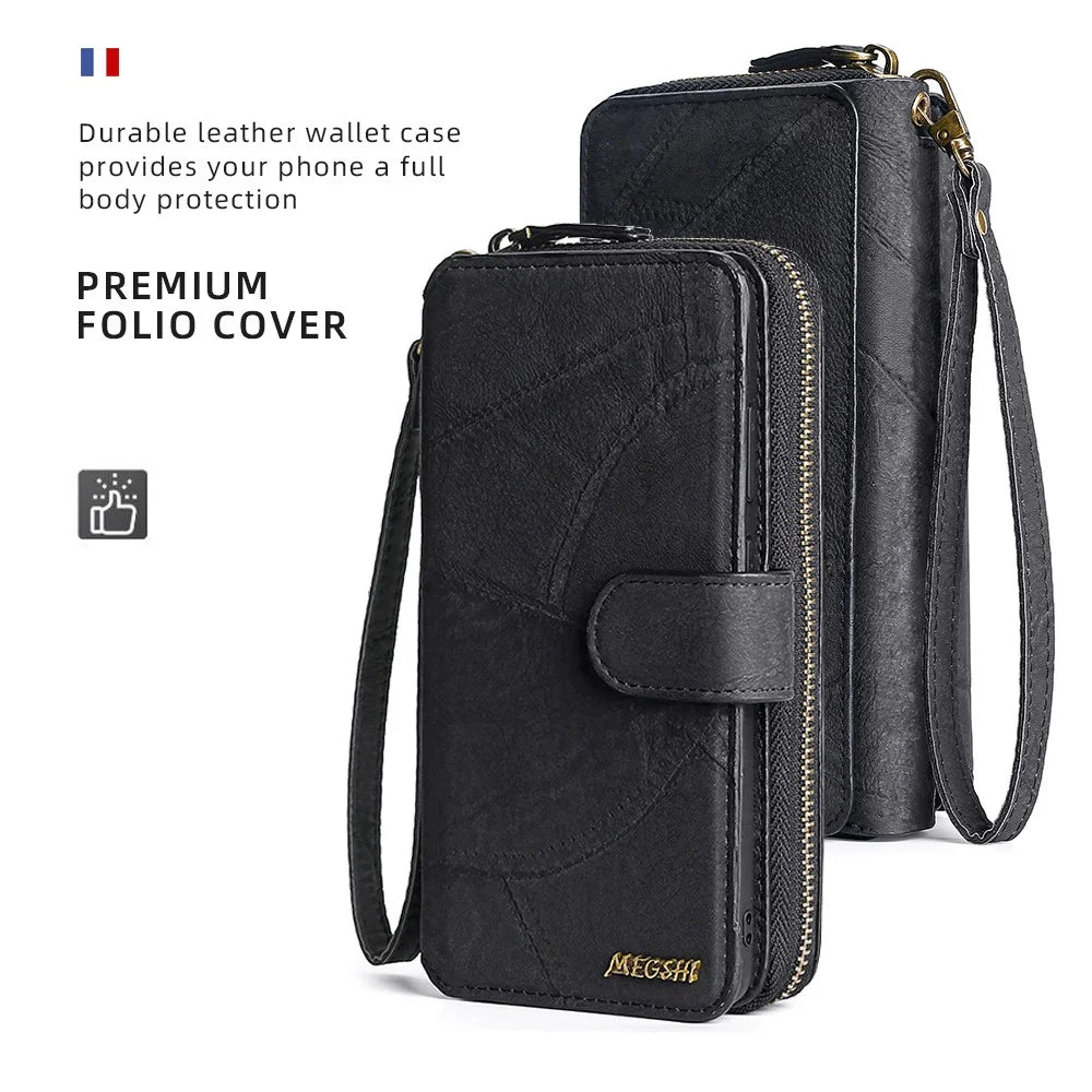 MEGSHI 004 Series Detachable Zipper Wallet Leather Case for iPhone 14 Anti-drop Stand Phone Cover - Black - 5