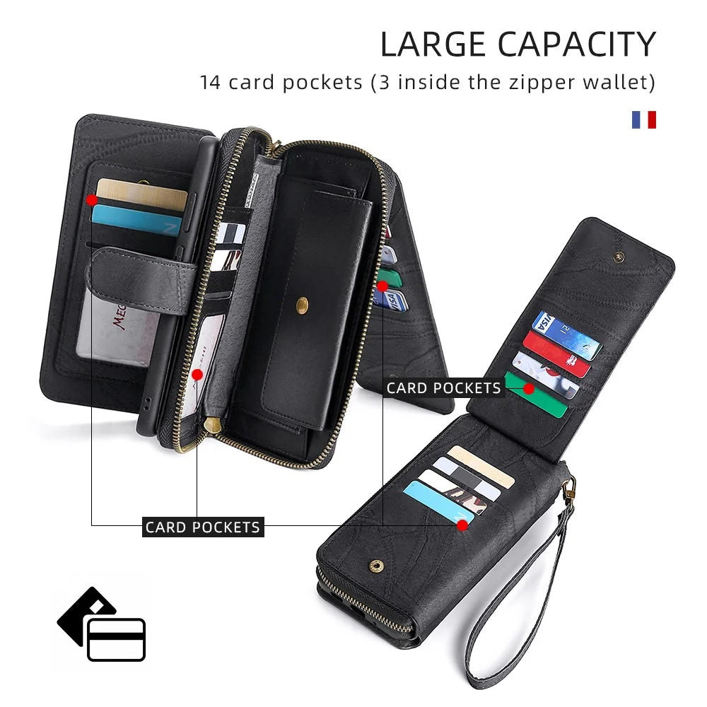 MEGSHI 004 Series Detachable Zipper Wallet Leather Case for iPhone 14 Anti-drop Stand Phone Cover - Black - 6
