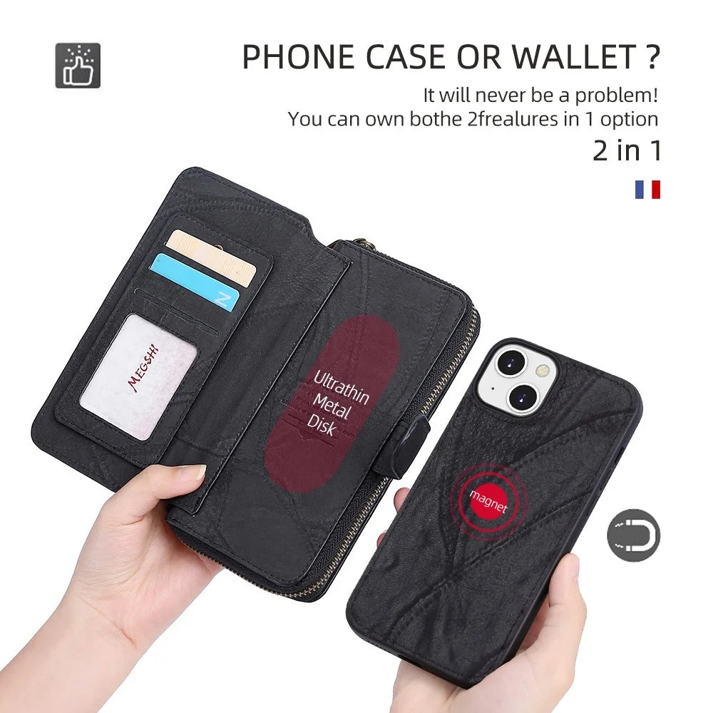 MEGSHI 004 Series Detachable Zipper Wallet Leather Case for iPhone 14 Anti-drop Stand Phone Cover - Black - 7