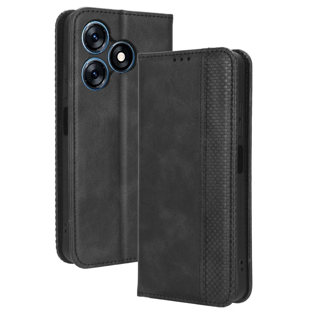 For TECNO Spark 10 4G PU Leather Vintage Phone Case Wallet Stand Folio Protective Cover - Black - 1