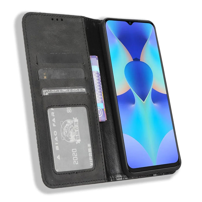 For TECNO Spark 10 4G PU Leather Vintage Phone Case Wallet Stand Folio Protective Cover - Black - 2