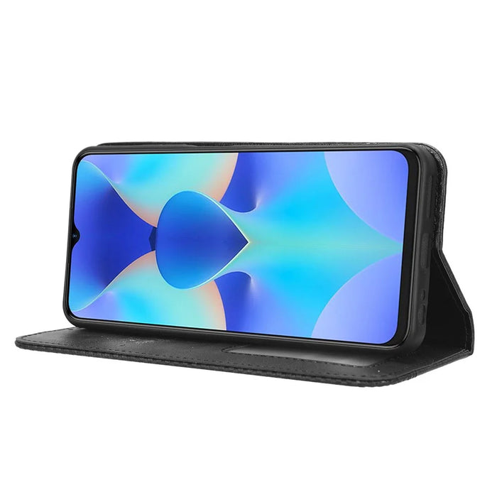 For TECNO Spark 10 4G PU Leather Vintage Phone Case Wallet Stand Folio Protective Cover - Black - 3