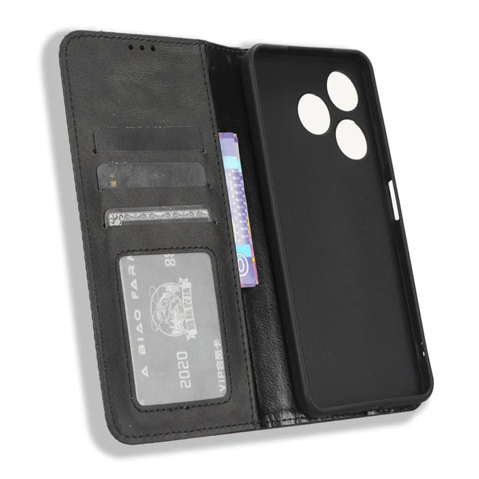 For TECNO Spark 10 4G PU Leather Vintage Phone Case Wallet Stand Folio Protective Cover - Black - 5