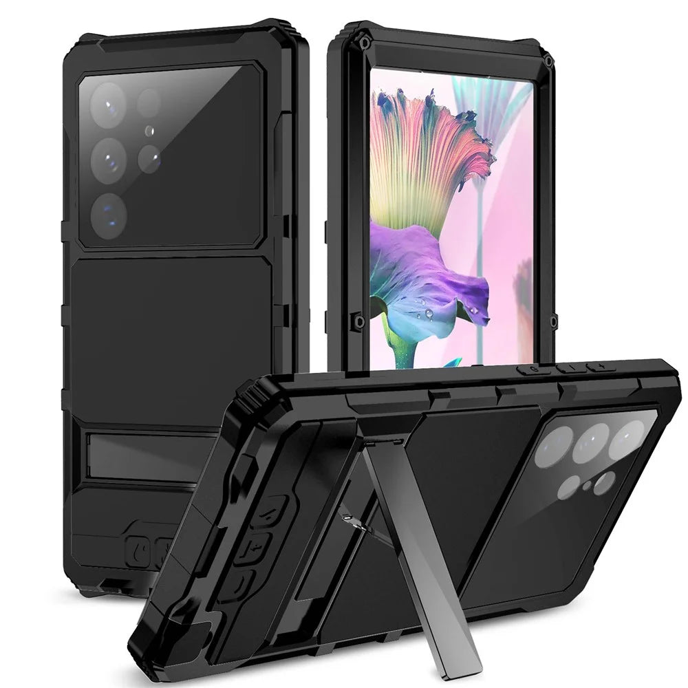 R-JUST For Samsung Galaxy S23 Ultra Kickstand Phone Case PC+Silicone+Metal Waterproof Dust-proof Cover with Screen Protector - Black - 1