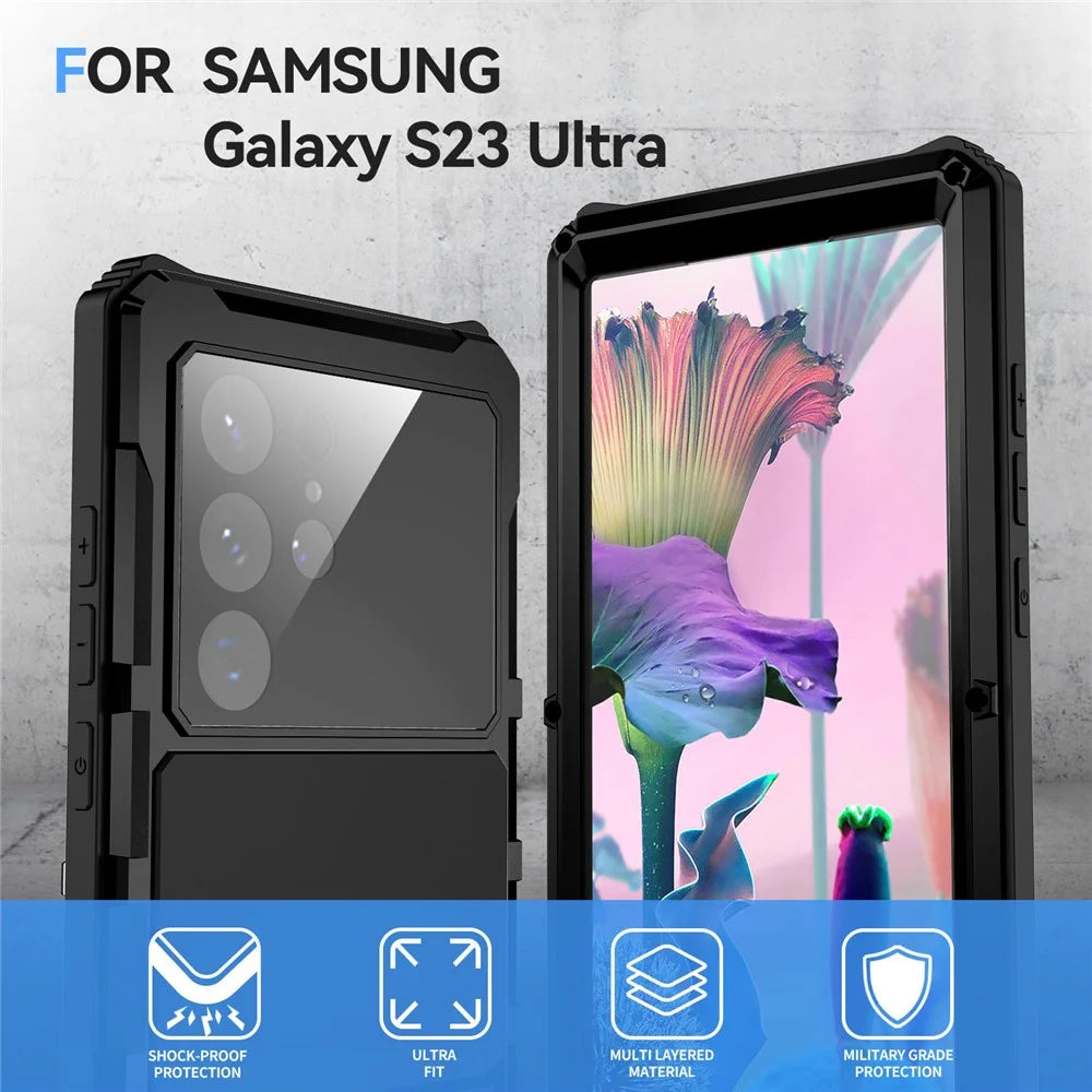 R-JUST For Samsung Galaxy S23 Ultra Kickstand Phone Case PC+Silicone+Metal Waterproof Dust-proof Cover with Screen Protector - Black - 2