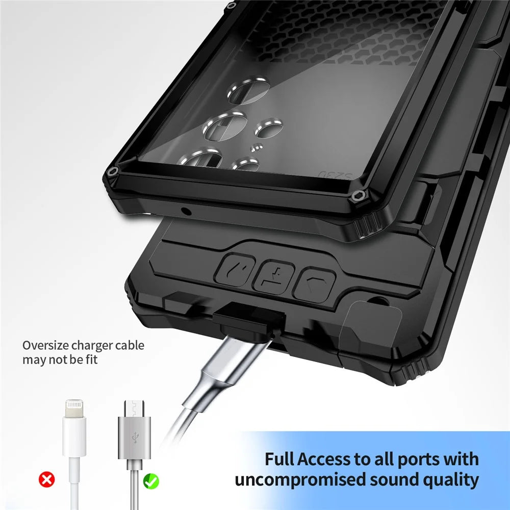 R-JUST For Samsung Galaxy S23 Ultra Kickstand Phone Case PC+Silicone+Metal Waterproof Dust-proof Cover with Screen Protector - Black - 5