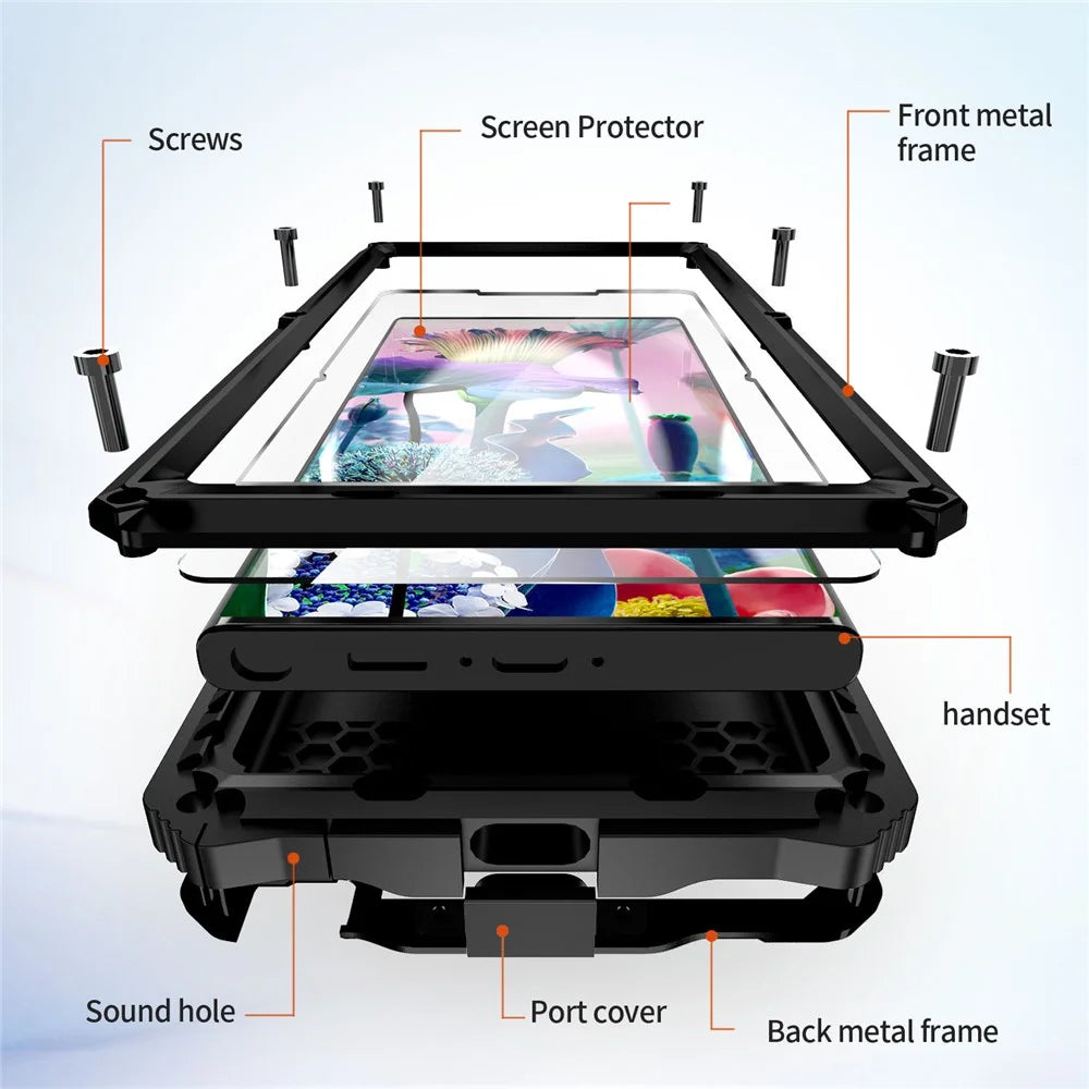 R-JUST For Samsung Galaxy S23 Ultra Kickstand Phone Case PC+Silicone+Metal Waterproof Dust-proof Cover with Screen Protector - Black - 7