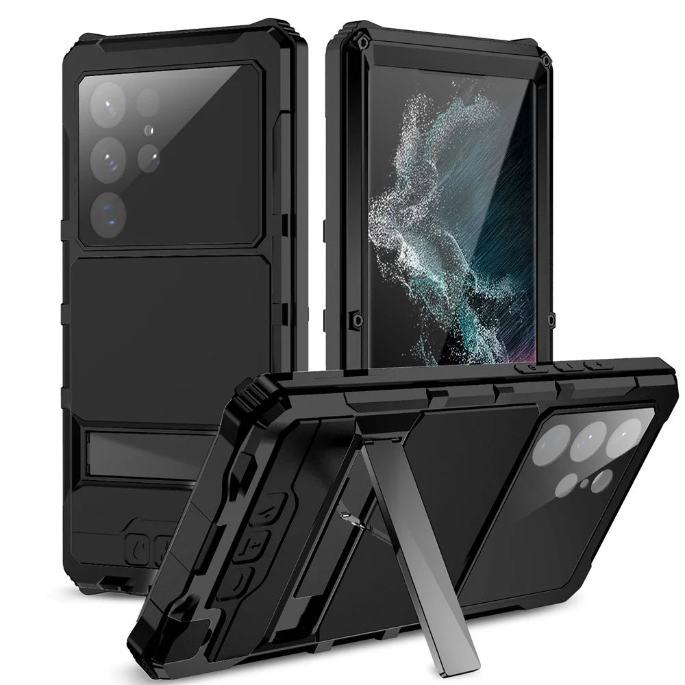 R-JUST For Samsung Galaxy S22 Ultra 5G Waterproof Drop-Proof Case Kickstand Back Cover with Tempered Glass - Black - 1