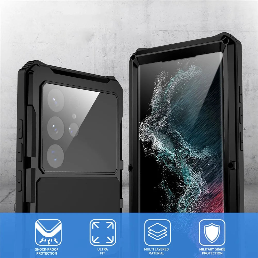 R-JUST For Samsung Galaxy S22 Ultra 5G Waterproof Drop-Proof Case Kickstand Back Cover with Tempered Glass - Black - 2